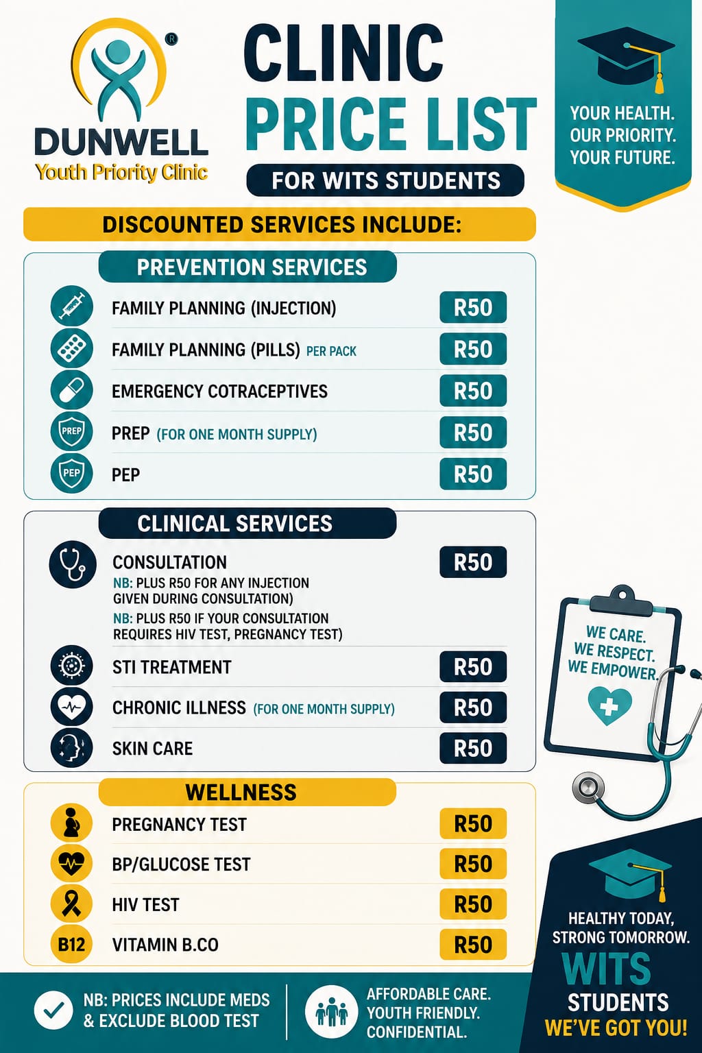 Dunwell clinic price list for Wits students